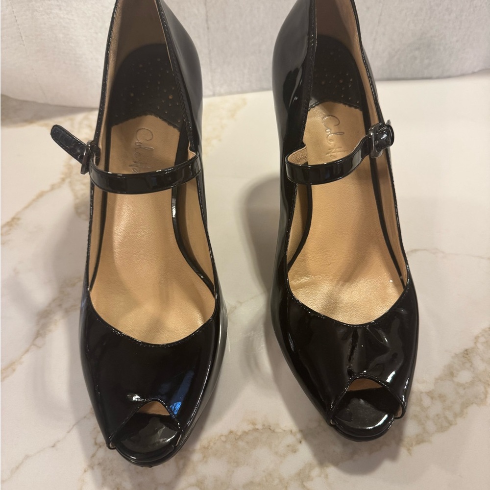 Cole Haan Black Patent Leather Peep-Toe Heels